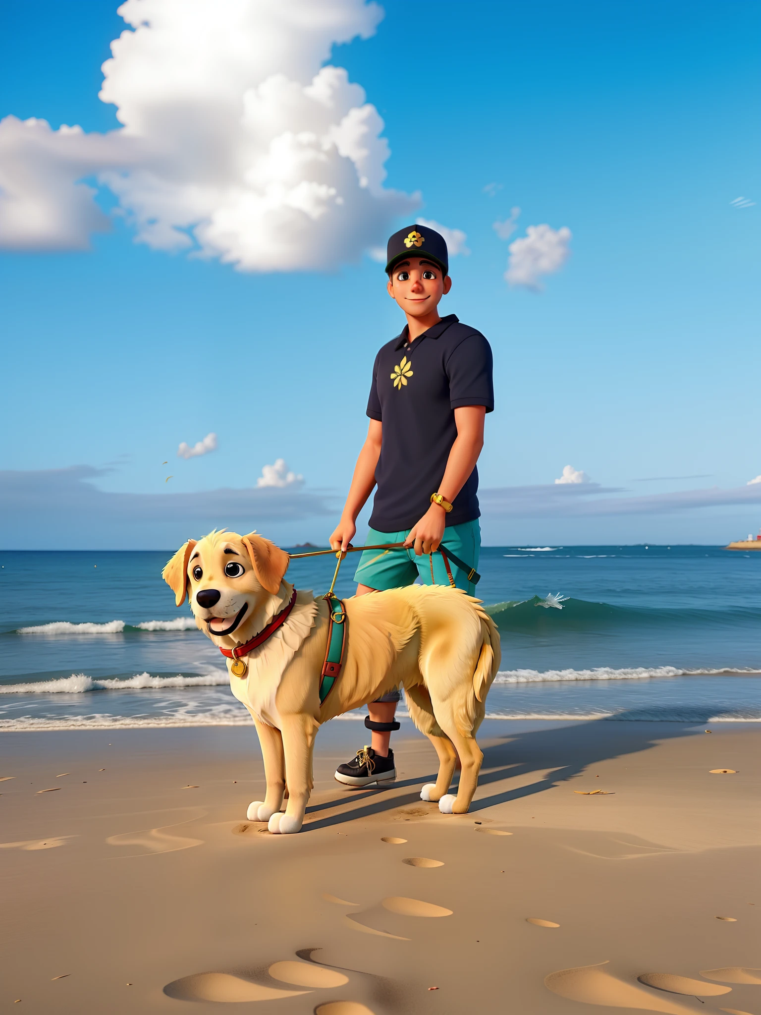 Rapaz e seu cachorro golden retriver na beira da praia