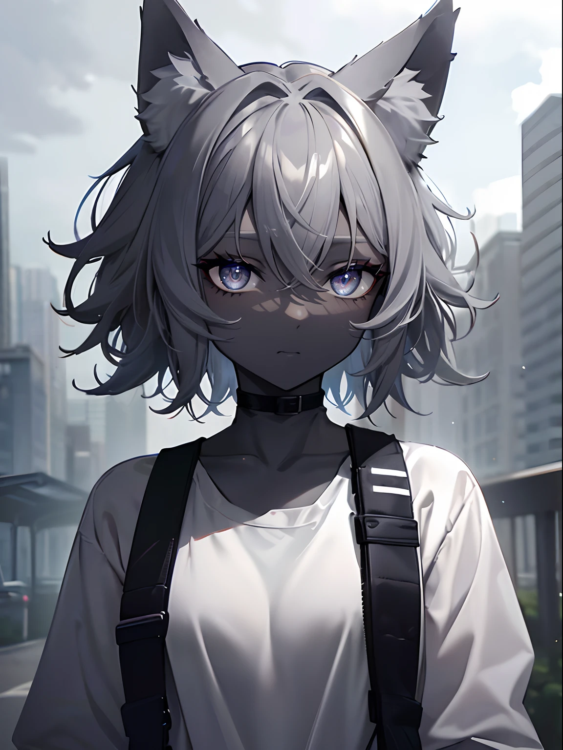 (masterpiece,best quality,ultra-detailed),1girl,black hair,dark gray hair,short hair,messy hair,(((coloured skin, grey skin))),small chest, sportswear,,((grey theme)),((pastel colours theme)),wolf ears,in a park,cloudy
