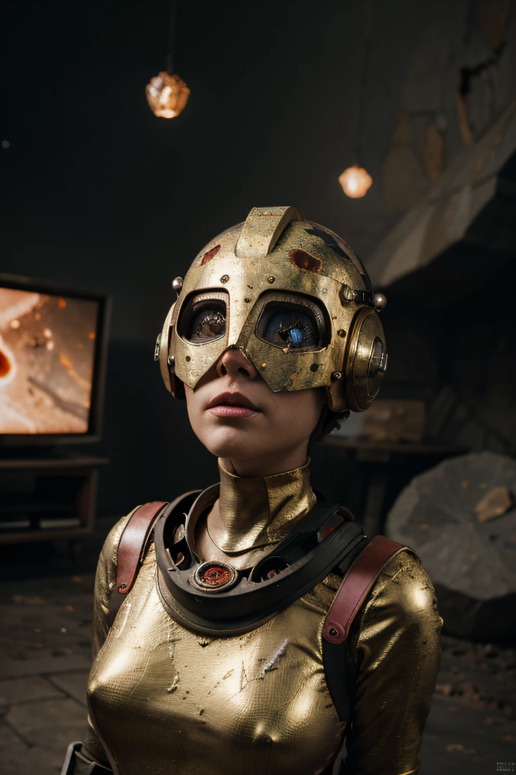 A toon Crazy whit a Big ONE a Only RED Eye Robot CCCP Soviet, and helmet Style, tongs in hands, Tv head, pinhead, camouflage Gold Silver Pink Rusty, Ambient in a meteorite crater super detailed, center, beautiful, soft lighting, focused on the character, 4K resolution, photorealistic rendering,