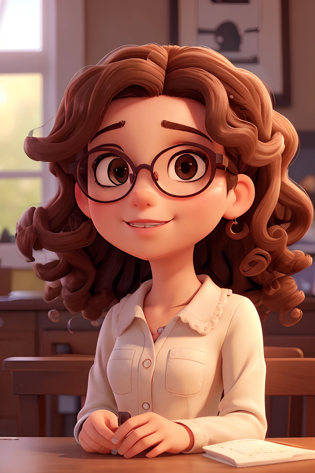 (best quality,Alto,master part:1.2),Extremely detailed curly-haired girl with round glasses,olhos detalhados,lush lips,cabelos crespos,beautiful facial features,girl with glasses,Bokeh,retrato,Realistic,colorido e vibrante,Soft and Warm Lighting Holding a Cookie, roupa casual.