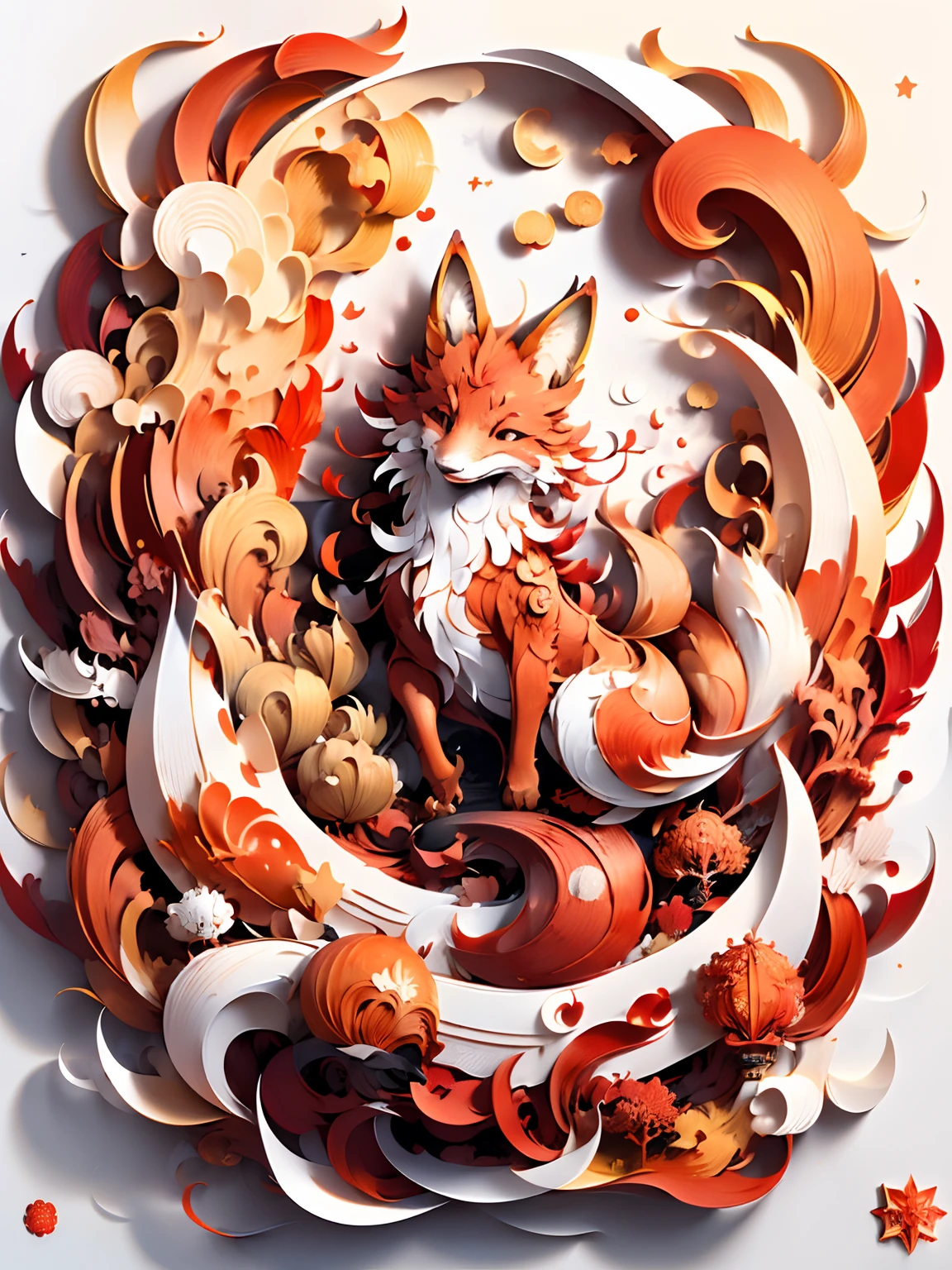(((masutepiece))),Best Quality, Illustration, ref fire, ocean, red fox、the Nine-Tailed Fox, Chinese Palace, cloud, Star \(symbol\), paper_cut, (White background:1.1) red color combinations