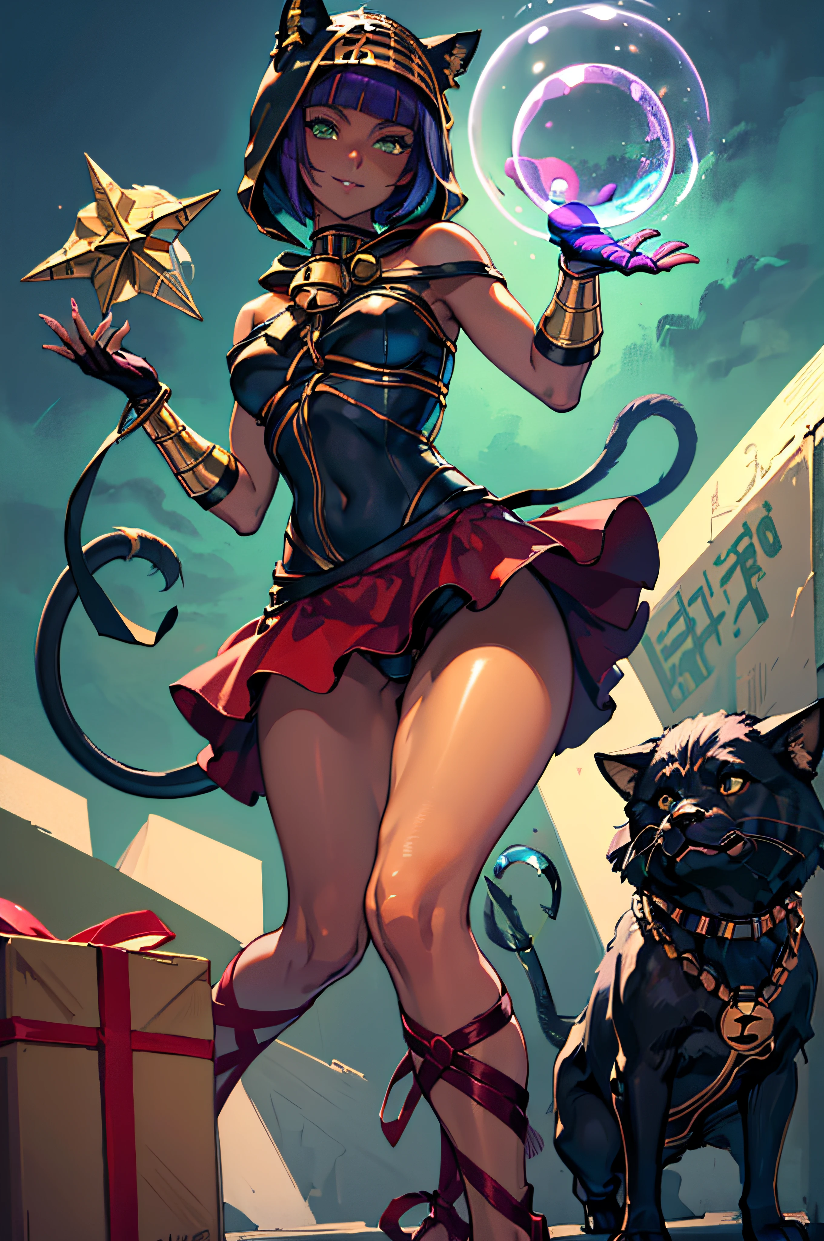 Masterpiece, best quality, absurdres, 1girl, beautiful legs, menat_holiday, crystal ball, light smile, dark skin, Green eyes, egyptian, bob cut, red dress, black hood, black gloves,shiny thighs,, tail, bell, bare shoulders,thighs,close up,inner thighs,solo,panty shot,evil smile