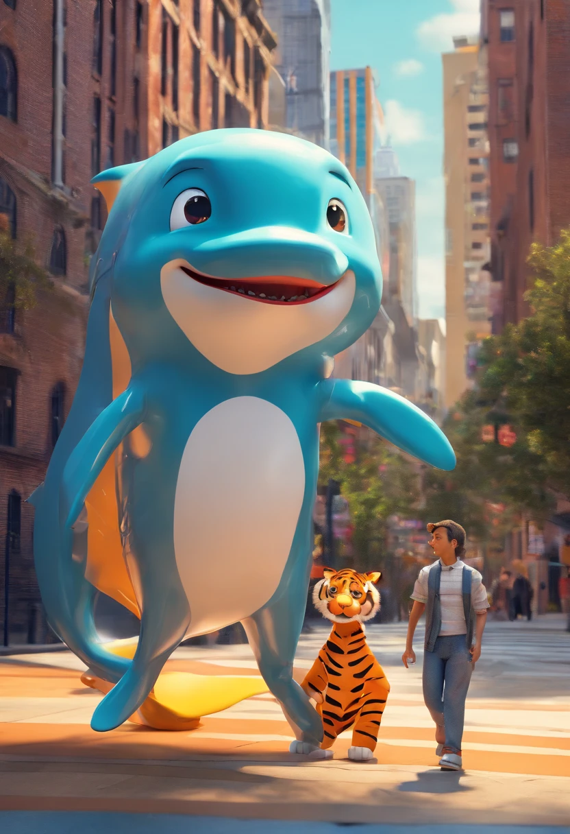 Make a humanoid dolphin and a humanoid tiger stroll in New York. Pixar style poster