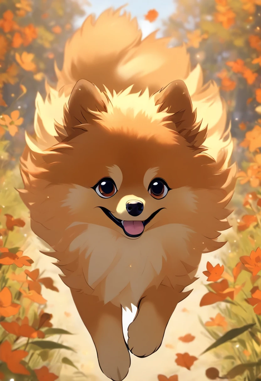 （The whole body is orange：1.8）Brown Miniature German Spitz，Correndo ao redor do jardim de flores，looking at the camera，（Arco de rosto：1.5），Parece muito divertido，biologicamente correto