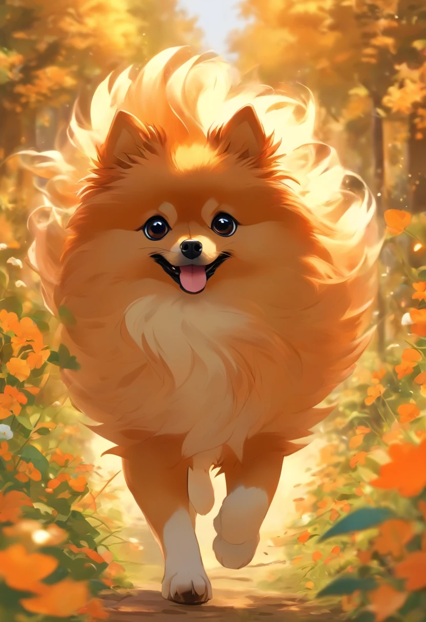 （The whole body is orange：1.8）Brown Miniature German Spitz，Correndo ao redor do jardim de flores，looking at the camera，（Arco de rosto：1.5），Parece muito divertido，biologicamente correto