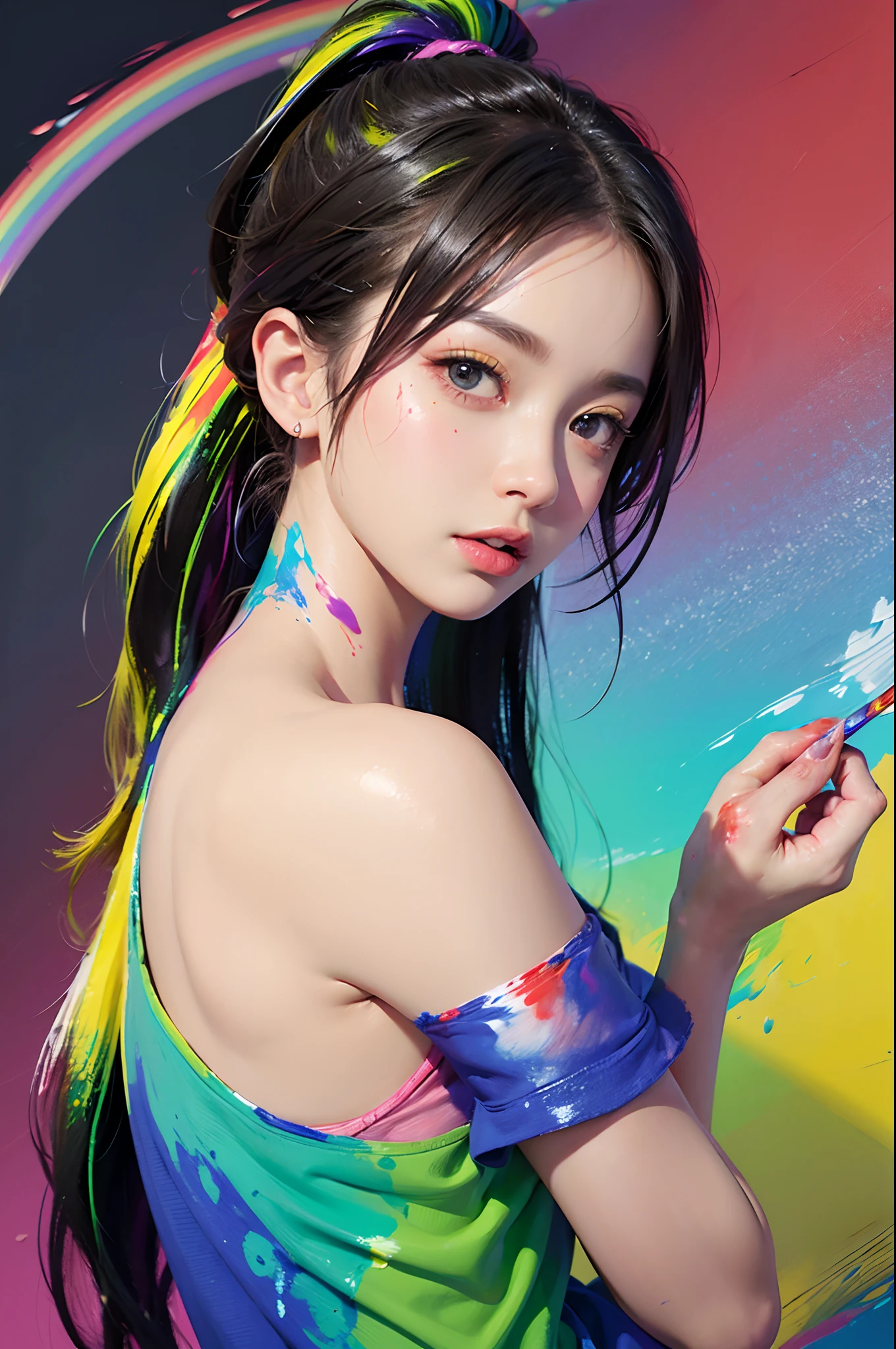 white off-shoulder Fashion T-shirt, (solid background with thick paint color splash of acrylic pigment:1.6), large crystal clear eyes, (rainbow colored high ponytail:1.6), exquisite makeup, Small Fresh, Wipe Chest, long eyelashes, (color splash:1.6, thick paint style, messy lines, colorful:1.4, acrylic pigment), (Highest Image Quality, Masterpiece, Depth of Field), wind, (colorful background, high saturation), (random expression), #DPM++ 2M Karras