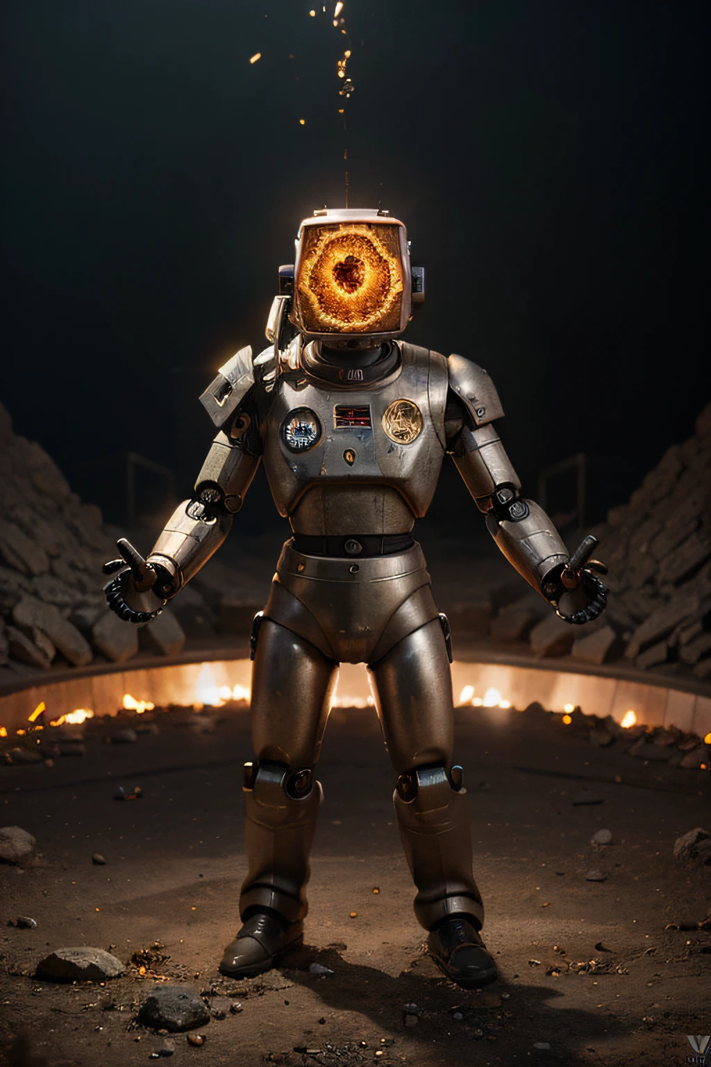 A toon Crazy whit a Big ONE a Only RED Eye Robot CCCP Soviet, and sEport team, tongs in hands, Tv head, pinhead, camouflage Gold Silver Pink Rusty, Ambient in a meteorite crater super detailed, center, beautiful, soft lighting, focused on the character, 4K resolution, photorealistic rendering,