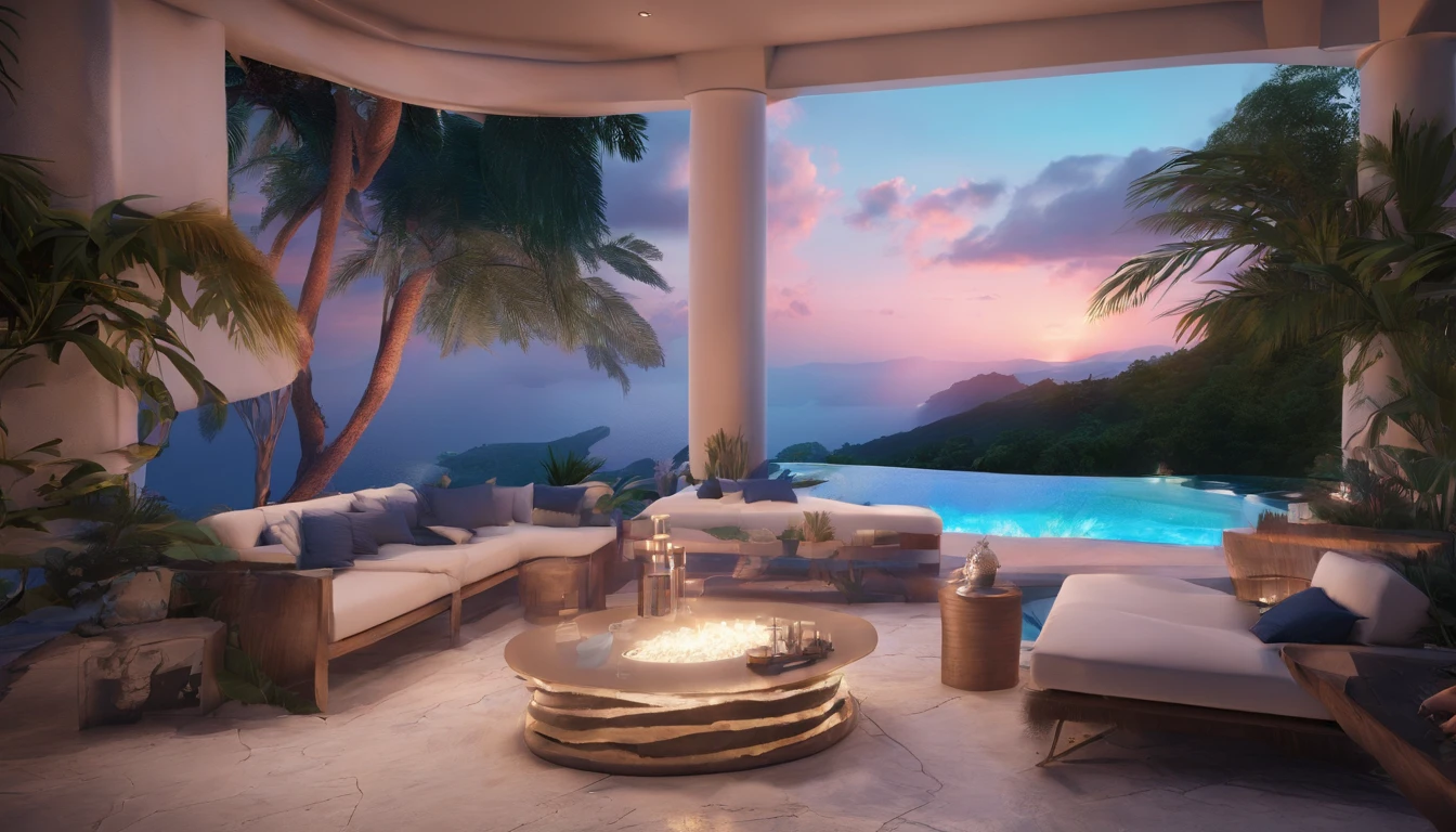 (((Tropical Evening))),((Mansion on a hill)),Mountains and seas in the distance,((The outdoor living room on the hill is a large open veranda)),Moody ocean blue pool,((A strong blue light lit up from the bottom of the pool envelops the area)),(High-quality flooring by the pool),Cushions for relaxation,(Pink distant sunset),Mysterious Sea,4k,An ultra-high picture quality,Luxury space,Moody indirect lighting,houseplant,rich,Rich,VIP,VIP Moments