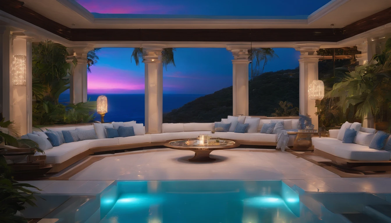 (((Tropical Evening))),((Mansion on a hill)),Mountains and seas in the distance,((The outdoor living room on the hill is a large open veranda)),Moody ocean blue pool,((A strong blue light lit up from the bottom of the pool envelops the area)),(High-quality flooring by the pool),Cushions for relaxation,(Pink distant sunset),Mysterious Sea,4k,An ultra-high picture quality,Luxury space,Moody indirect lighting,houseplant,rich,Rich,VIP,VIP Moments