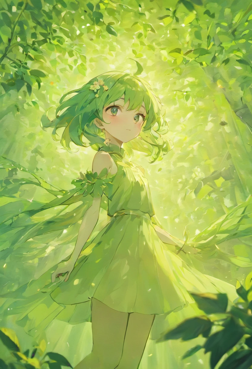 Close up, Arbomorph A woman's embracing face turns into a leafy tree, Take the root as the leg, Branches like arms, Some leaves fly on a white background,
