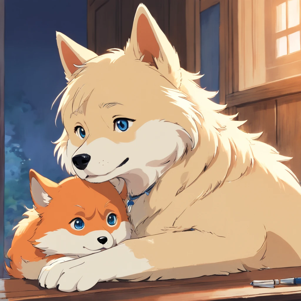 ((Best quality, 8K, Masterpiece: 1.4)),((Amazing detail: 1.3)),((Watercolor illustration: 1.2)),((high resolution: 1.1)),Thick painting style，(Critters)，1 dog，Blue solid background，in style of ghibli，head portrait，Anime avatar，Huskies，Grim expression，sharp look，Beautifully detailed dogs，structurally correct，フォトリアリスティック，Delicate hair，Photo art