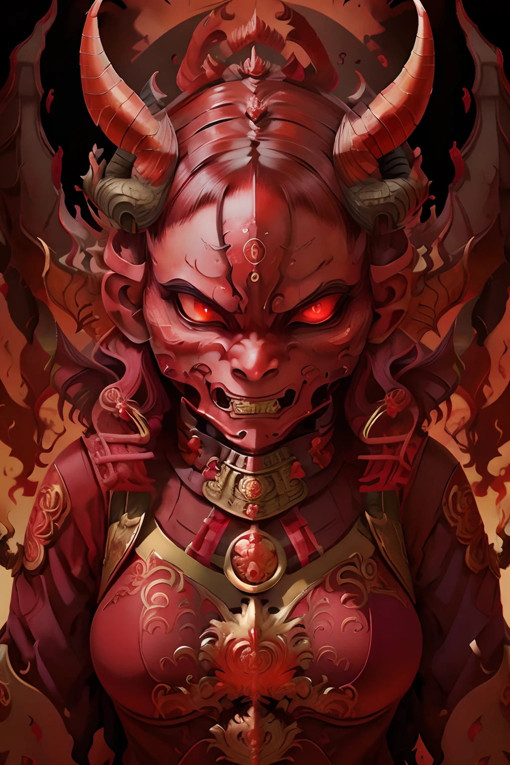 Red and fire female dragon demon mask,  full body image