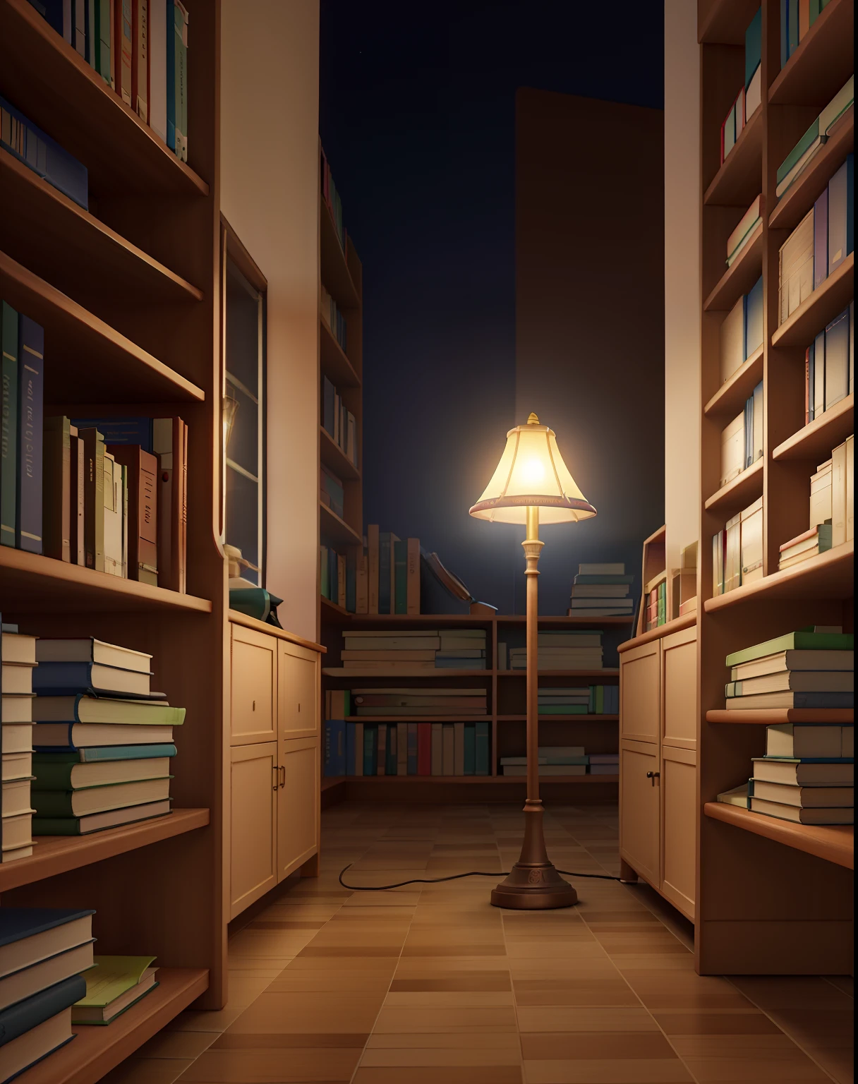 parado na frente, illuminated by the light of a lamp, contra o pano de fundo de uma biblioteca