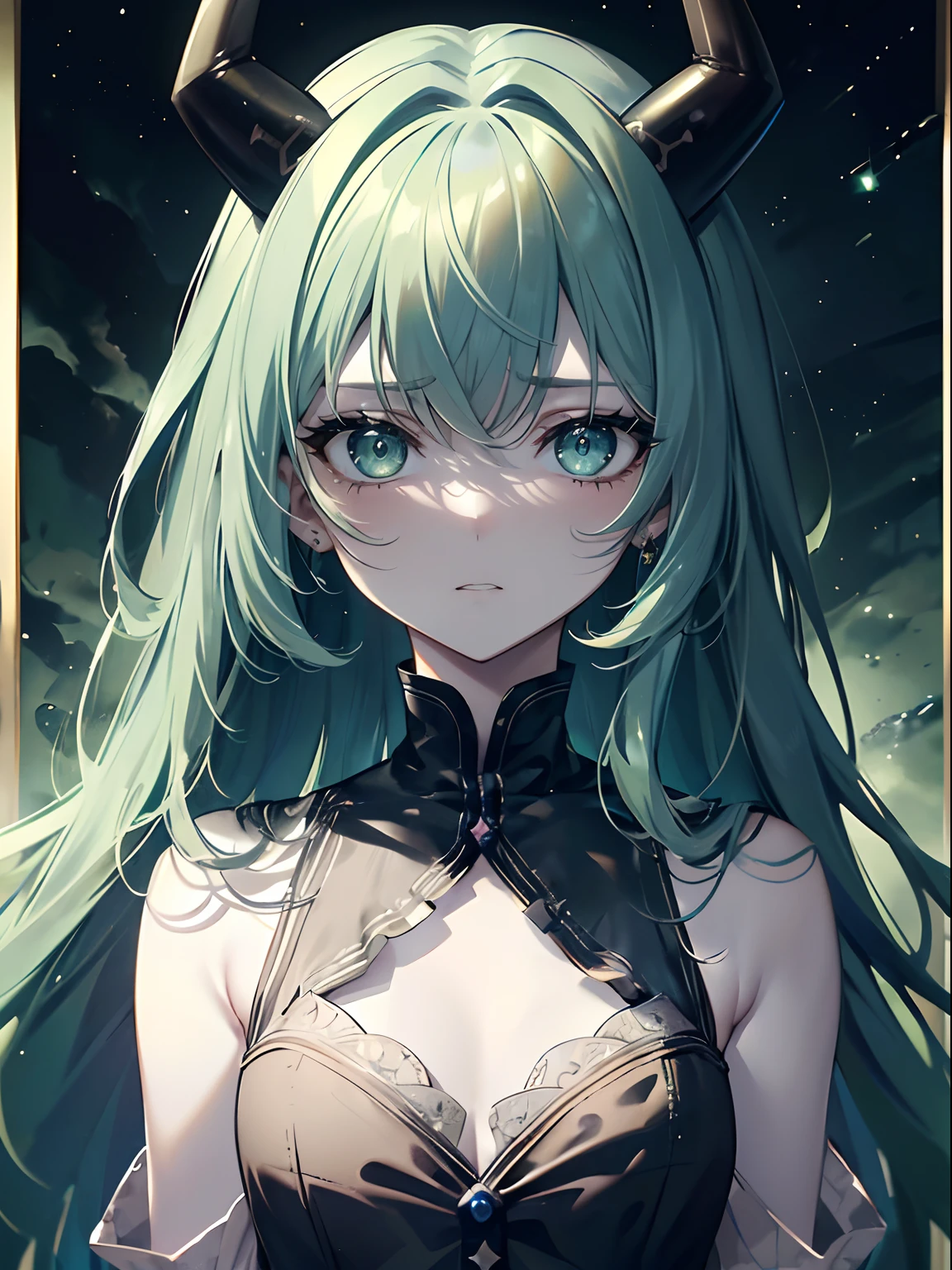 (masterpiece,best quality,ultra-detailed),1girl, green hair,intense colored hair,shadow hair,blue hair,(pale skin),horns,beautiful and detailed face, detailed eyes,looking at viewer,small chest,((grey theme),((depression, sadness, melancholy)),tired expression,sad,starry sky