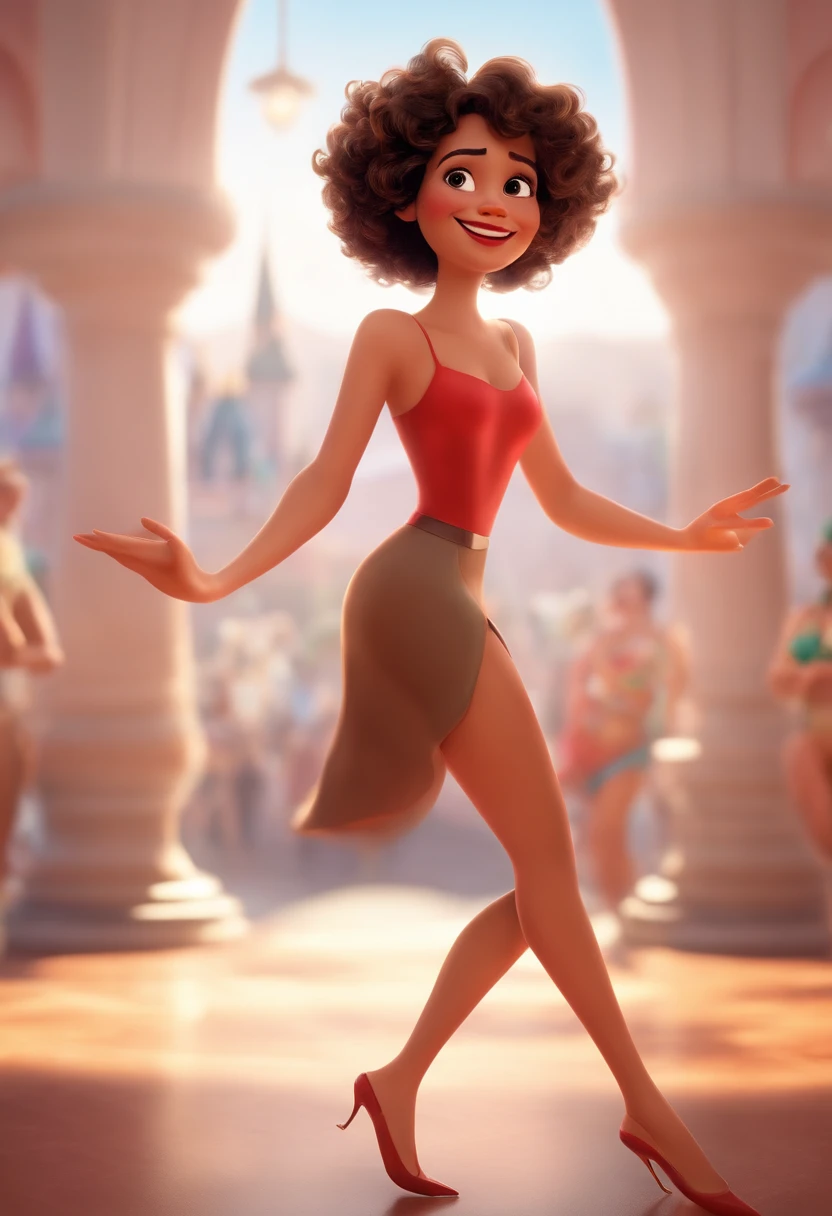 Pixar style image with 3D character white glasses brunette woman short curly hair dancing, Maquiagem Disney,fofo, adolable, sorridente ,Close-up, Pixar, Disney, Cinema lighting, spreading her pussy with cum dripping out, nude big boobs