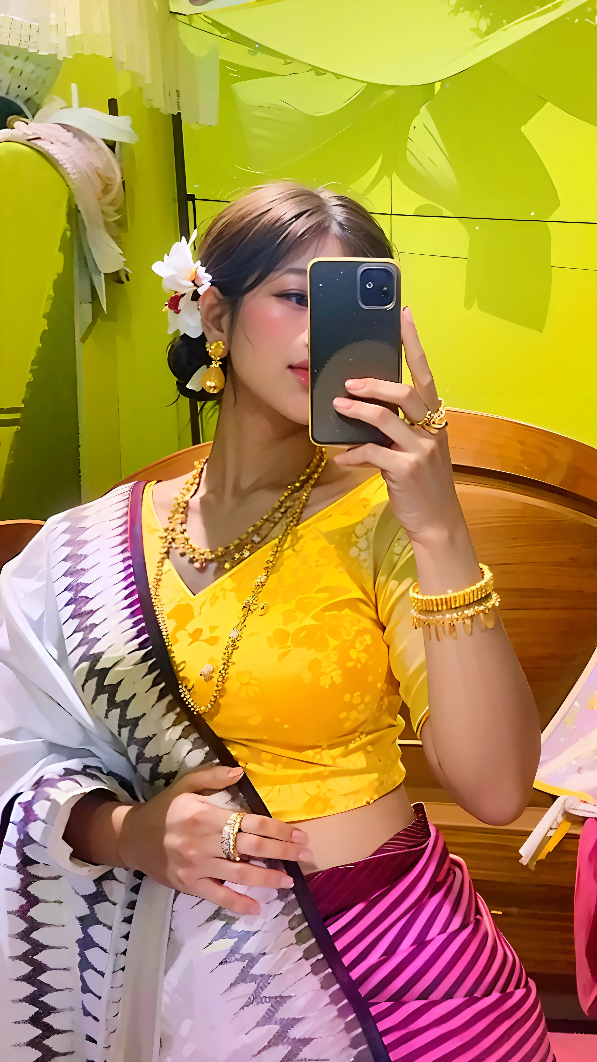 woman in a yellow blouse taking a picture of herself in a mirror, traditional beauty, with yellow cloths, wearing yellow croptop, assamese aesthetic, wearing bihu dress mekhela sador, traditional clothes, candid picture, sukhothai costume, 8k selfie photograph, wearing traditional garb, candid photograph, traditional dress, very very low quality picture