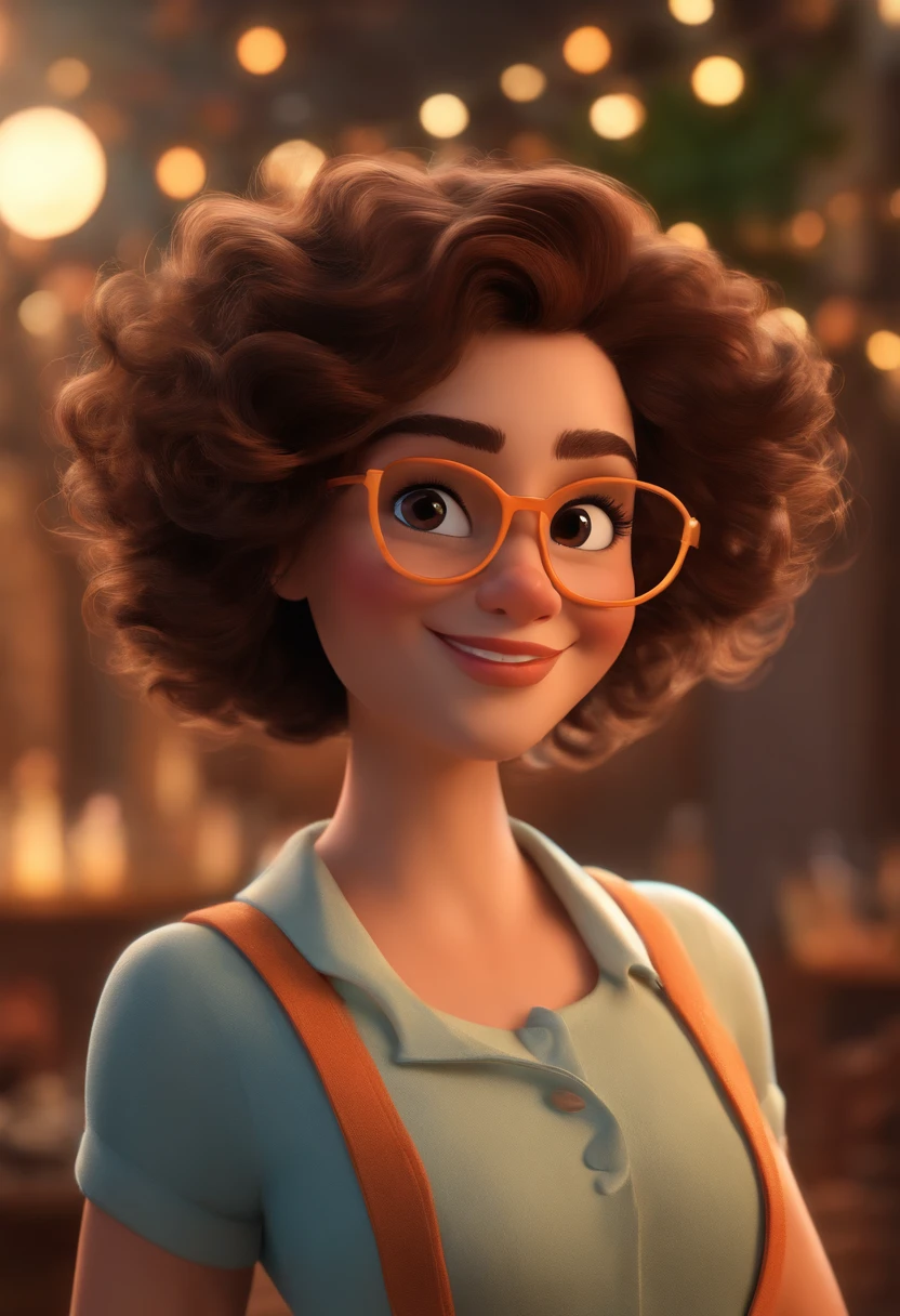 Pixar style image with 3D character white glasses brunette woman short curly hair dancing, Maquiagem Disney,Pescador, adolable, sorridente ,Close-up, Pixar, Disney, Cinema lighting, espalhando-a com cum pingando para fora,  Peitos grandes
