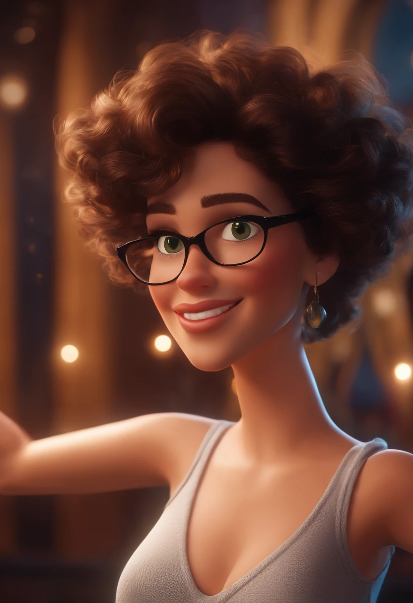 Pixar style image with 3D character white glasses brunette woman short curly hair dancing, Maquiagem Disney,Pescador, adolable, sorridente ,Close-up, Pixar, Disney, Cinema lighting, espalhando-a com cum pingando para fora, Peitos grandes