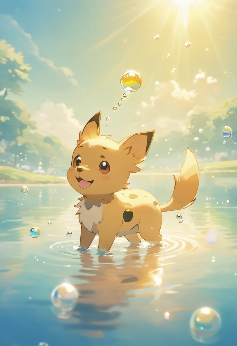 An awe-inspiring ultra-high-definition 3D scene showcasing a Terrier, small dog, Dog cute, staring directly at camera, With a Pokémon making a wish next to a tranquil lake. Rendered beautifully down to the smallest detail, Bubbles are seen blowing gently in the air, Everyone has a hopeful wish. Bolhas capturam o reflexo do sol poente, Fazendo um sonhador, magical effect. The overall atmosphere is mild, Full of hope and tranquility