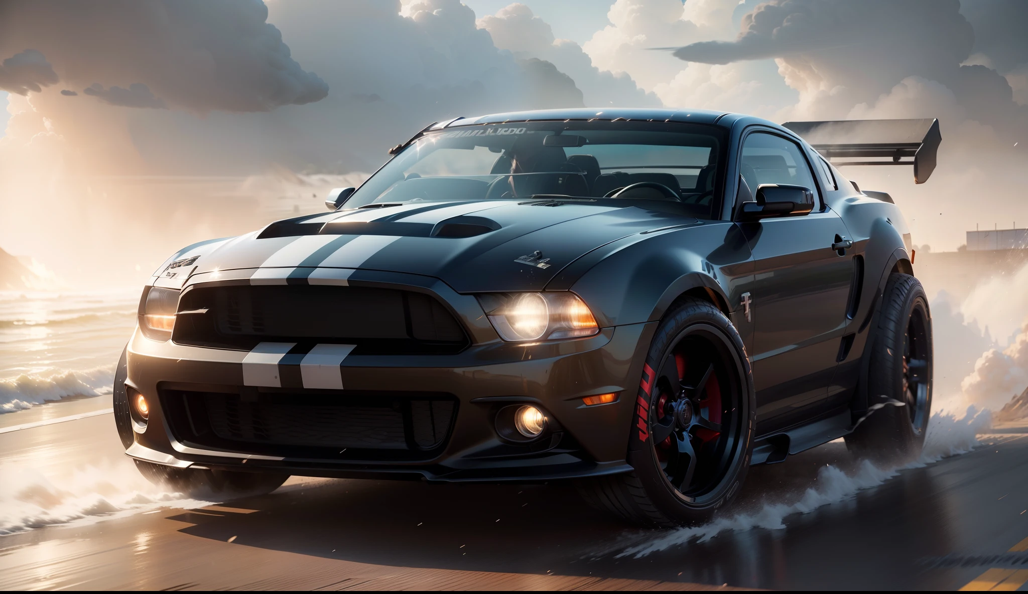 Necessidade de velocidade, Mustang preto esportivo 70's, correndo pela rua molhada, quase, spreading water on the street, hyper realistic, motion blur, blurry background, altamente detalhado, divine proportion, (((Enquadrado))), perfect composition, perfect lighting, octan render, 8k, Artistic photography, trending on ArtStation, foco nítido, Studio photo, detalhes intrincados, altamente detalhado, Directed by: Greg Rutkowski