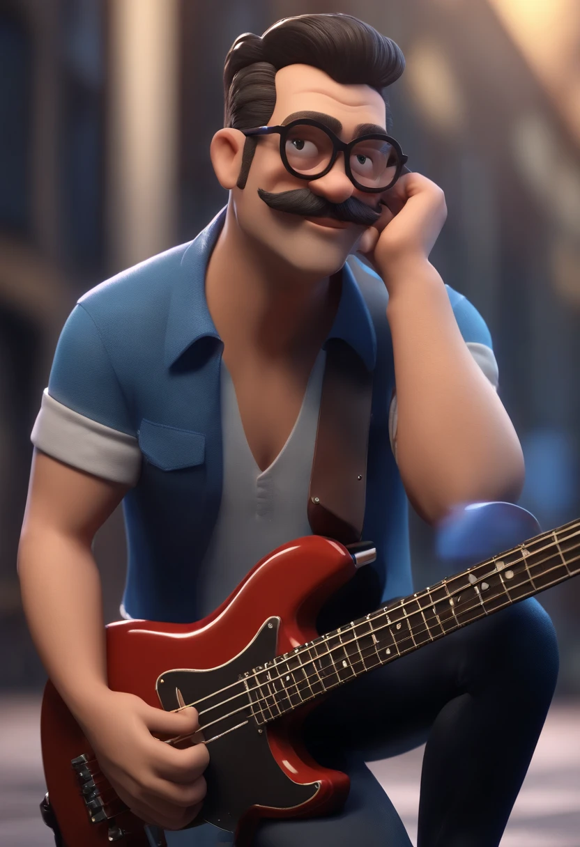 Cartoon character of a man wearing black glasses and a blue shirt, um personagem animado, Caractere estilizado, animation style rendering, 3D estilizado, Arnold Maya render, 3 d render stylized, toon render keyshot, Personagem 3D, Personagem 3D, 3d rendering stylized, 3 d character render, personagem de desenho animado, Personagem de close up, Pose de personagem, (Estilo Pixar) (master part:1.2) (Bokeh) (best quality) (pele detalhada) (textura detalhada) (8k) (argila) (Cinematic lighting) (foco nítido,Senta e vaza a parte superior do corpo Um homem de 35 anos, moreno, cabelo curto social encaracolado, playing electric bass on a concert stage, vestindo jeans e camisa