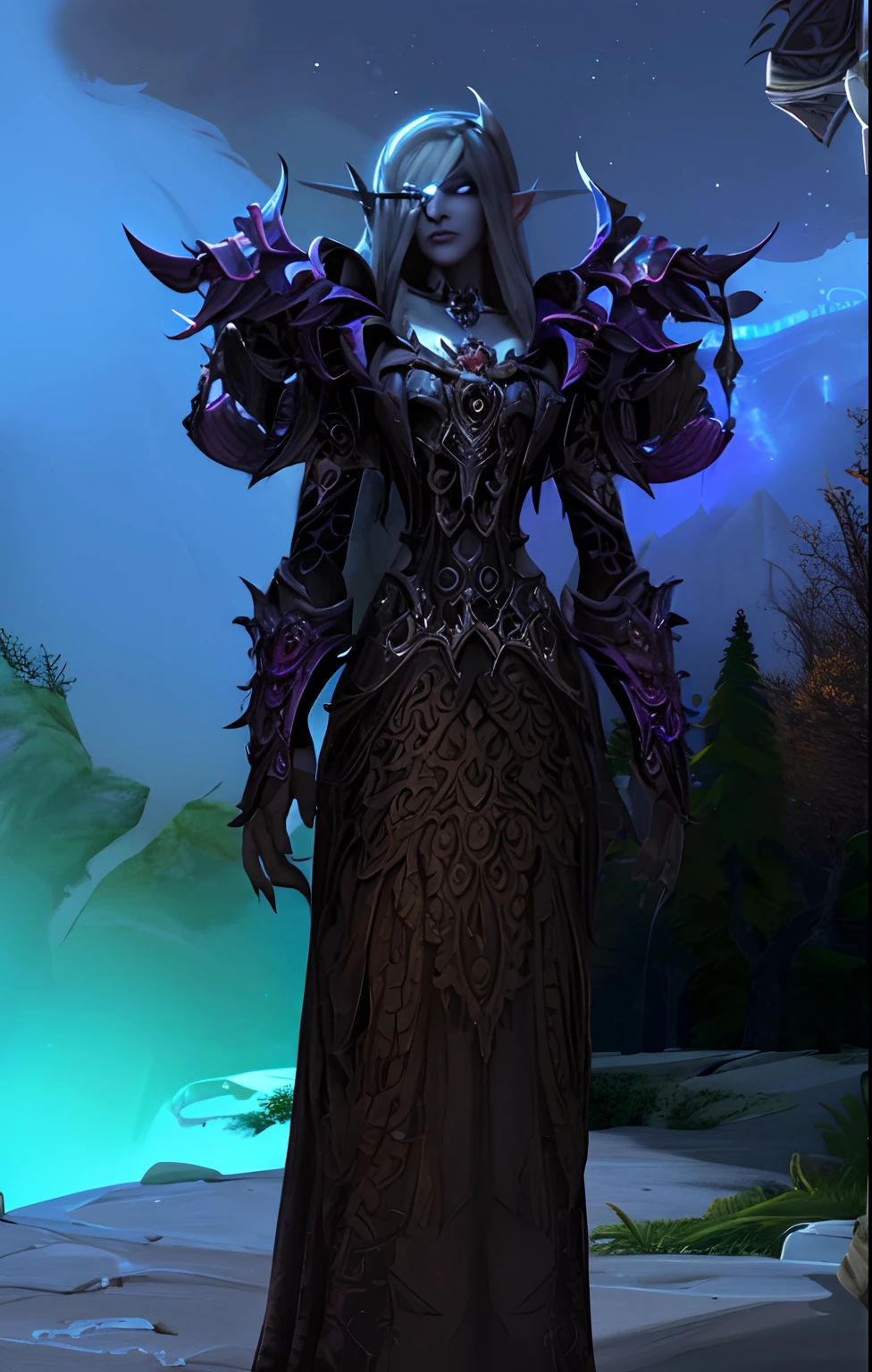 a close up of a night elf woman in a dress with a dragon on her shoulder, female revenant, ornate flowing robes, beautiful necromancer, necromancer sorceress, ornate flowing silvered robes, dark cloaked necromancer, female necromancer, dark goddess with six arms, dark sorceress full view