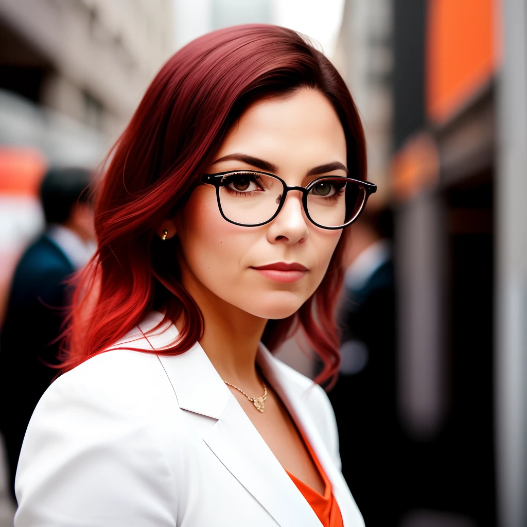 A Woman Photographer, de idade 38 anos, linda, rosto fino, cabelos curtos vermelhos, Black glasses on the face, em cima de um palco palestrando, Wearing an orange dress pants and white blazer.