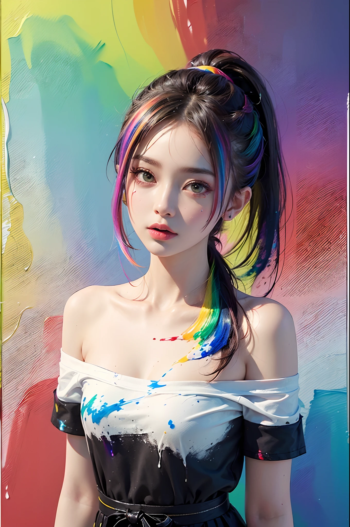 multicolored hair, hair ribbon, Surrealism, cinematic lighting, UHD, high details, masterpiece, spaghetti strap top