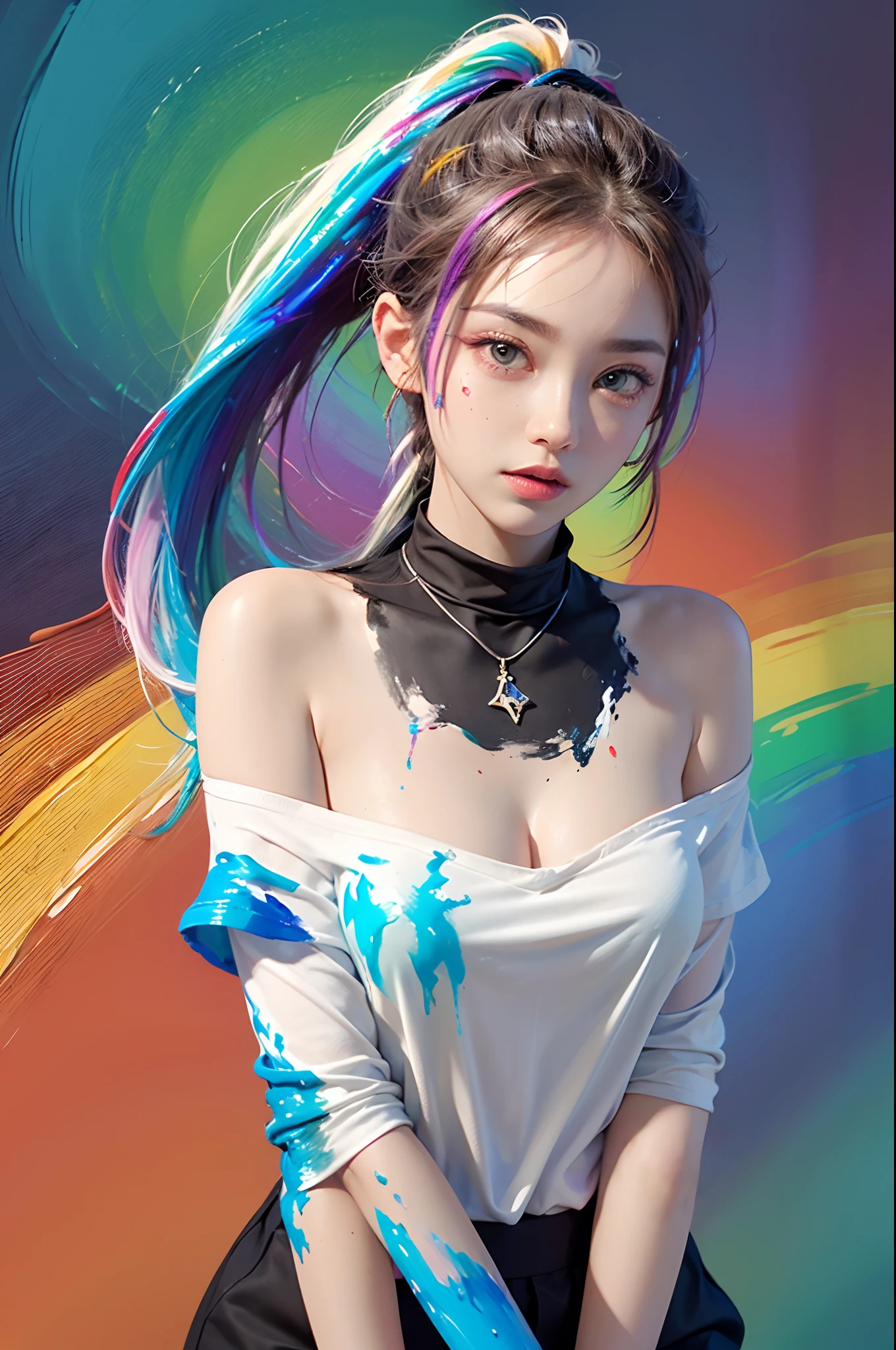 white off-shoulder Fashion T-shirt, (solid background with thick paint color splash of acrylic pigment:1.6), large crystal clear eyes, (rainbow colored high ponytail:1.6), exquisite makeup, Small Fresh, Wipe Chest, long eyelashes, (color splash:1.6, thick paint style, messy lines, colorful:1.4, acrylic pigment), (Highest Image Quality, Masterpiece, Depth of Field), wind, (colorful background, high saturation), (random expression),   #DPM++ 2M Karras