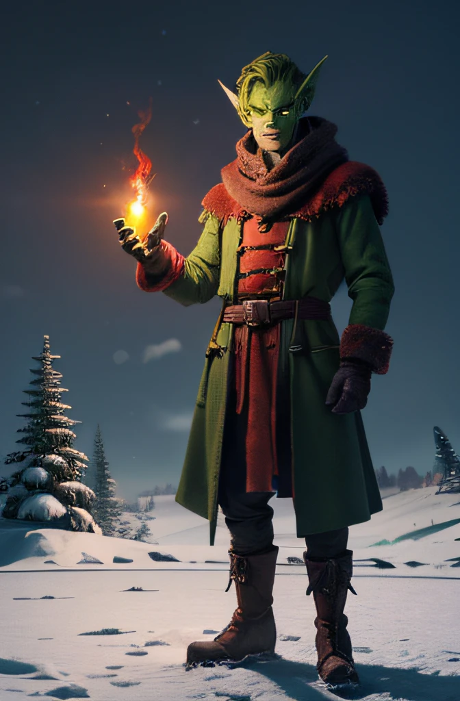 radioactive ectomorphic green goblin, glowing red, fortnight, male, tundra background, skinny figure, standing in snow, the goblin is warmly dressed (warm clothes) (medieval coat), ball of water above the hand, detailed face, monster