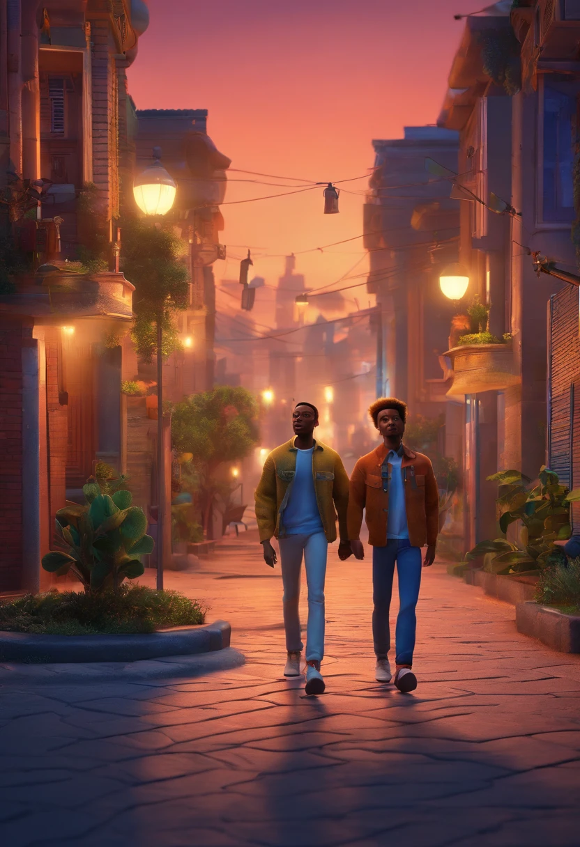 A couple of young, light-skinned black men walking one night in an African city. Disney Pixar style poster