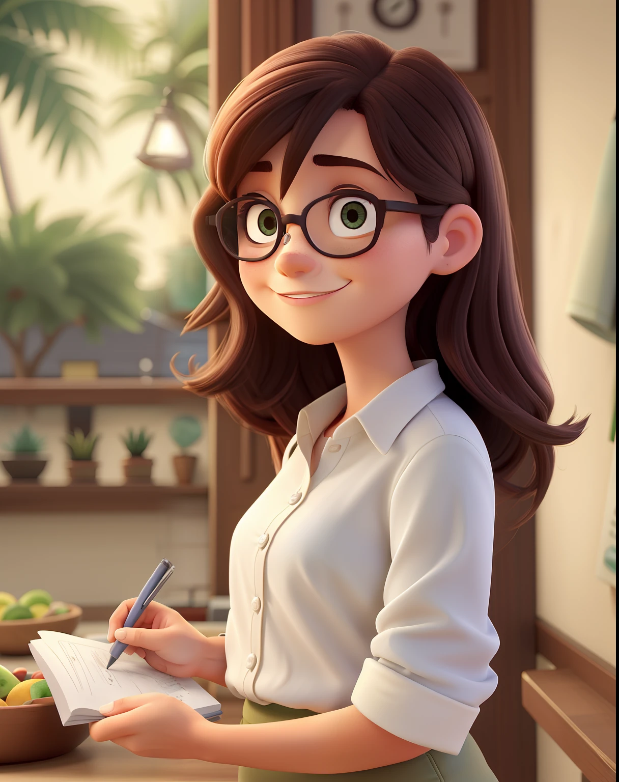 Imagem estilo PIXAR, Uma mulher branca, magra, fine strokes, With eye Glasses, cabelo grande ondulado e castanho escuro, olhos castanhos escuro, parada na frente, usando roupa casual, segurando um livro de receitas, illuminated by the light of sun, contra o pano de fundo de uma cozinha, alta qualidade