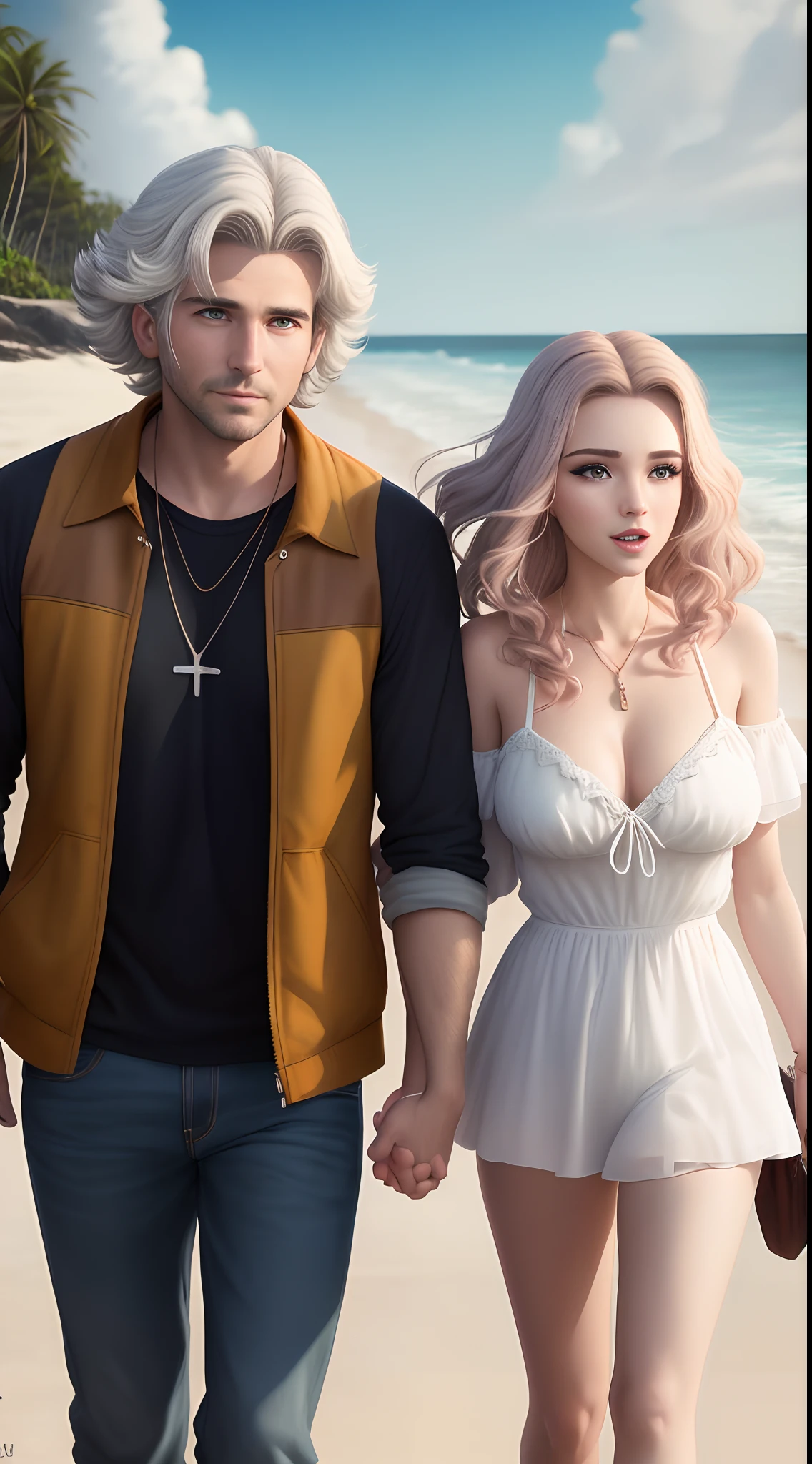 Create a Disney Movie Poster. Com um casal. Uma mulher de 38 ano de cabelos ondulados castanho escuros longos e olhos castanhos escuros longos. Uma homem de 40 anos de cabelo loiro escuro curto com uma mecha branca no topete. the background is a beach