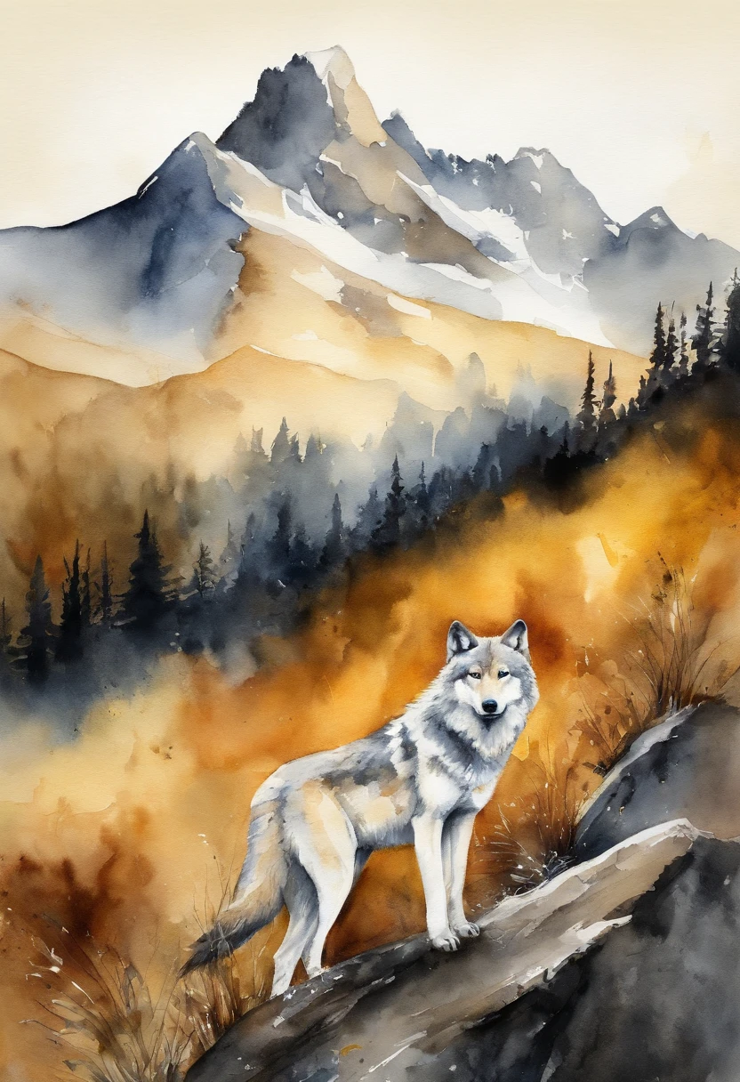 (realistic,highres),mountain,mountain wolf in the foreground,golden and black metallic texture,mountain backdrop