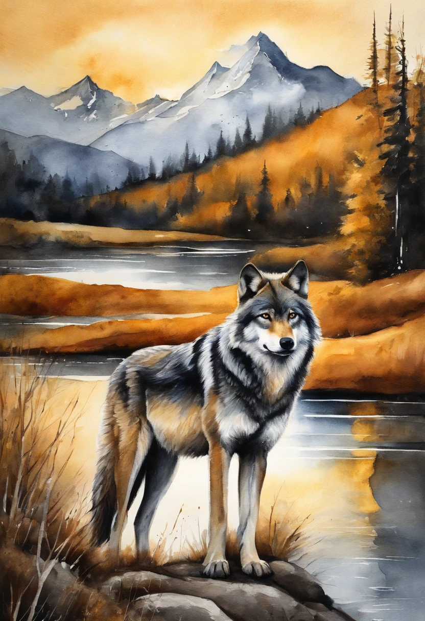 (realistic,highres),mountain,mountain wolf in the foreground,golden and black metallic texture,mountain backdrop