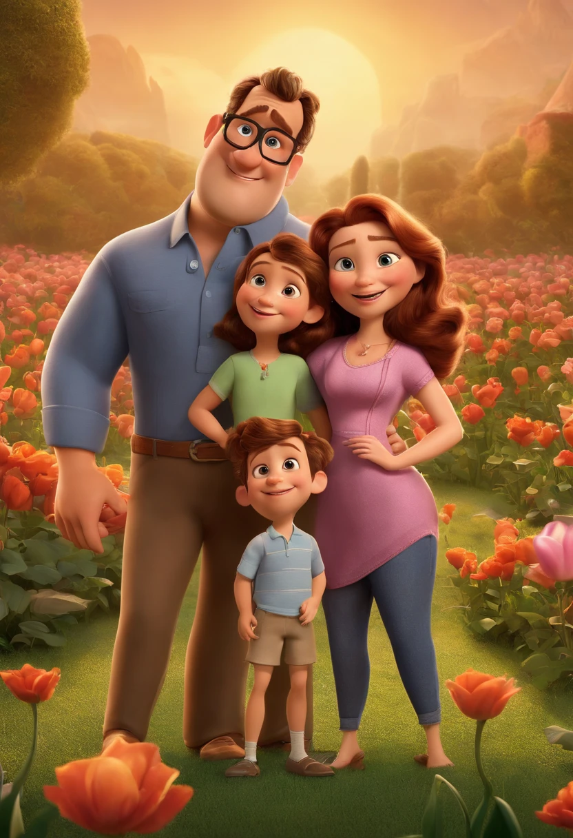 a Disney Pixar movie poster showing a white-skinned family. The father is the tallest, Tem barba curta, usa oculos, tem nariz grande e largo, Mom has brown eyes, Hair, best shoulder-length and overweight. O tem 9 anos e cabelos castanhos, usando roupas de time de futebol. The background is a garden with pink flowers . 3D-rendering