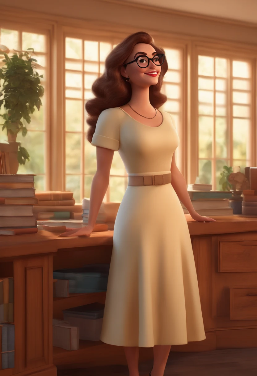 Pixar style image with 3D character, a white woman with light skin with glasses and a dress, she is a psychologist and is well dressed in the background, a psychology office with a shelf and books with depth, very beautiful, make the adjustments you deem necessary for better aesthetics She has medium straight hair with length below her brown shoulders empowered woman, Anos Imane, Andrea Rocha, inspired by Antonín Chittussi, Magalie Villeneuve, professional image, simone graci, professional image, profile image, high quality image, Alanis Guillen, inspired by Araceli Gilbert Disney makeup,Fisherman, cute, smiling,Close-up, Pixar, Disney, Cinema lighting,