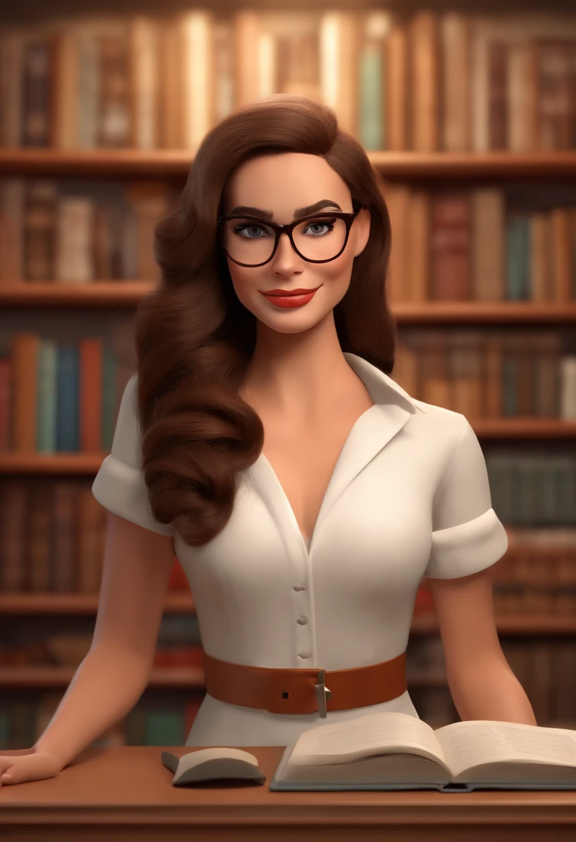 Pixar style image with 3D character, a white woman with light skin with glasses and a dress, she is a psychologist and is well dressed in the background, a psychology office with a shelf and books with depth, very beautiful, make the adjustments you deem necessary for better aesthetics She has medium straight hair with length below her brown shoulders empowered woman, Anos Imane, Andrea Rocha, inspired by Antonín Chittussi, Magalie Villeneuve, professional image, simone graci, professional image, profile image, high quality image, Alanis Guillen, inspired by Araceli Gilbert Disney makeup,Fisherman, cute, smiling,Close-up, Pixar, Disney, Cinema lighting,