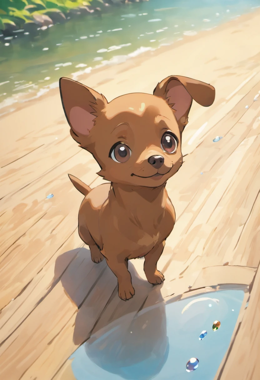 An awe-inspiring ultra-high-definition 3D scene showing a small dog standing on a wooden floor looking up, breed russian brown toy terrier, small dog, Dog cute, staring directly at camera, Looking towards the camera, looking defiantly at the camera, staring directly at camera, !! looking at the camera!!, looks into the camera, olhar curioso, is looking at the camera, Dachshund, Chihuahua, With a Pokémon making a wish next to a tranquil lake. Rendered beautifully down to the smallest detail, Bubbles are seen blowing gently in the air, Everyone has a hopeful wish. Bolhas capturam o reflexo do sol poente, Fazendo um sonhador, magical effect. The overall atmosphere is mild, Full of hope and tranquility
