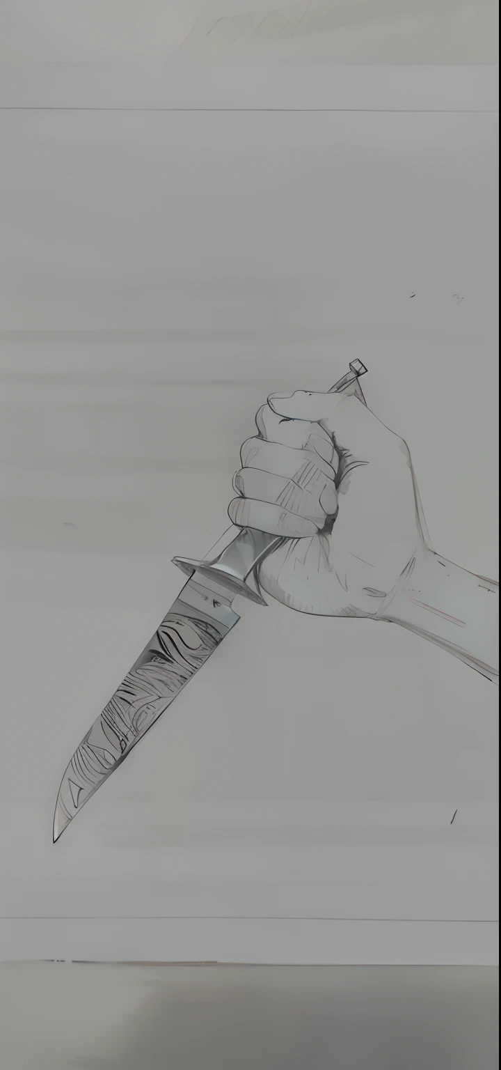 (Fundo branco), a hand holding a knife, (hand perfect) inside the blade of the knife should be written "Suicide Gospel"