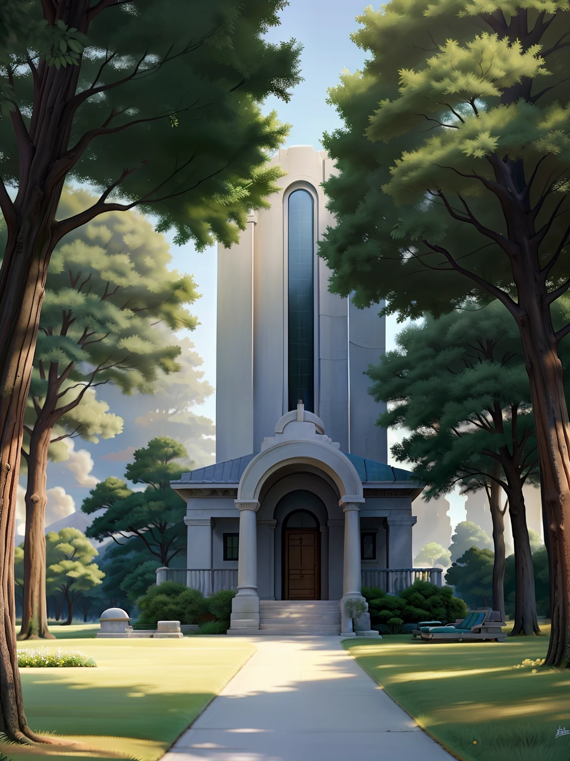 Estilo Ralph-McQuarrie, Greek architecture done in sci-fi style in a beautiful forest and meadow setting with tall buildings and open green spaces, oil painting, Beautiful, altamente detalhado
