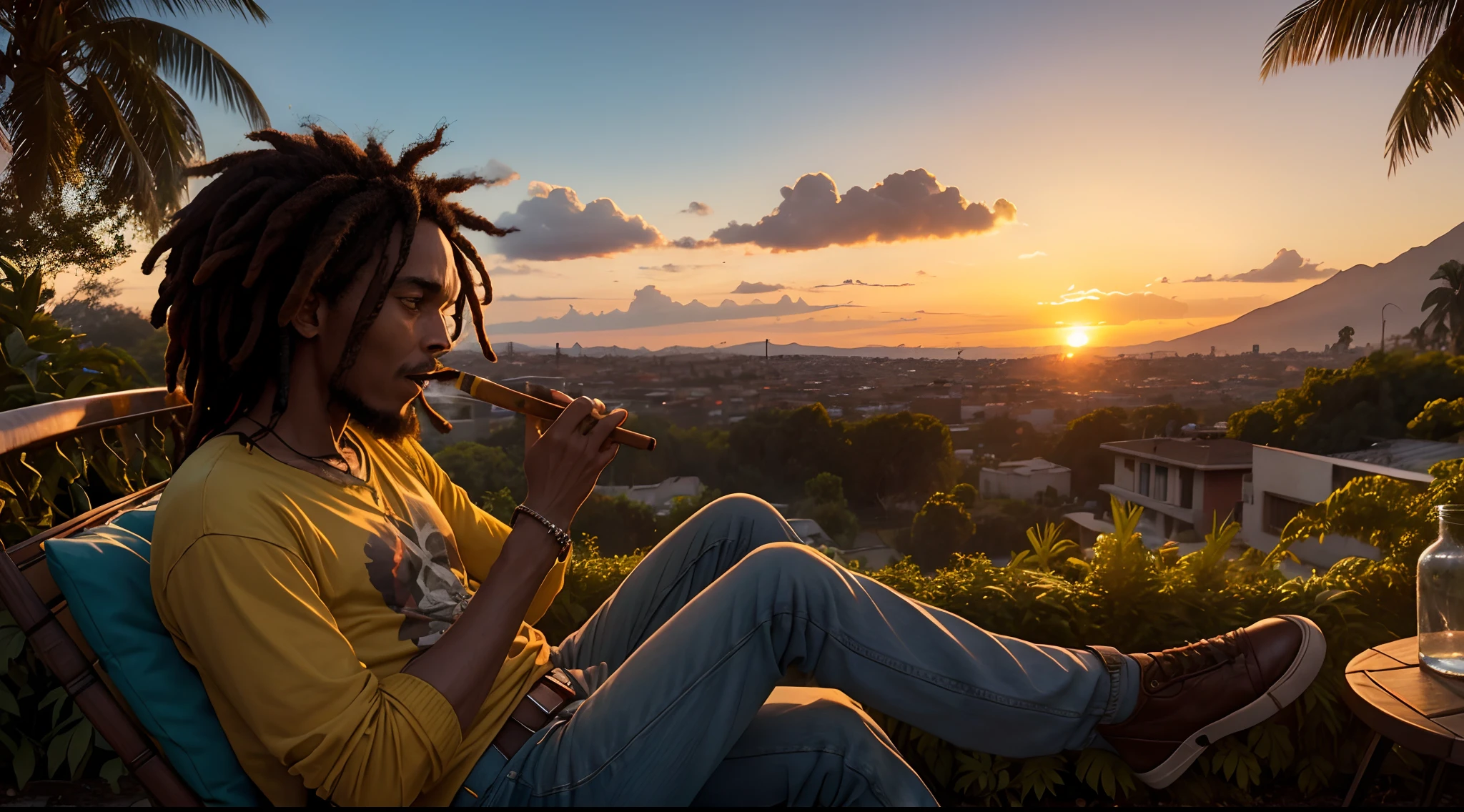 Bob marley en su jardin fumandose un cigarrillo de marihuana viendo el atardecer