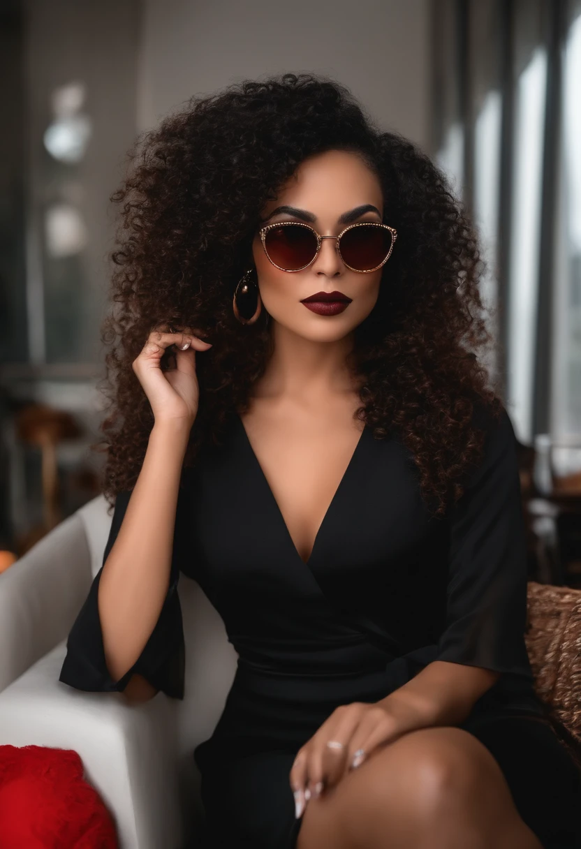 senhora bussines bonito em um terno, Realistic, cabelo curto vermelho , wearing black glasses