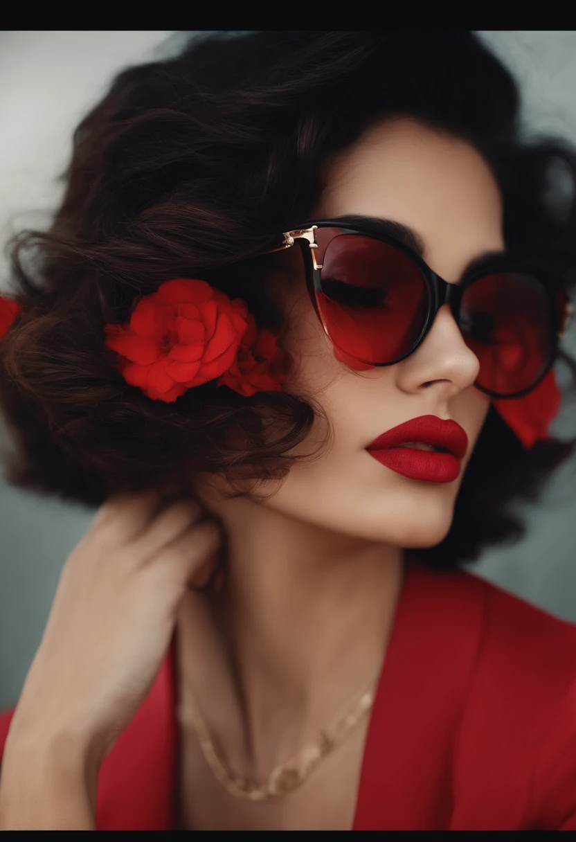 senhora bussines bonito em um terno, Realistic, cabelo curto vermelho , wearing black glasses