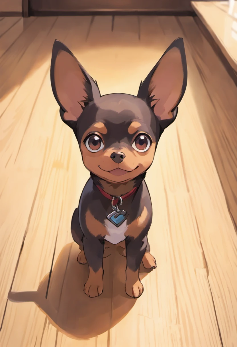 Cartoon dog sitting on wooden floor with a tag on it's collar - SeaArt AI