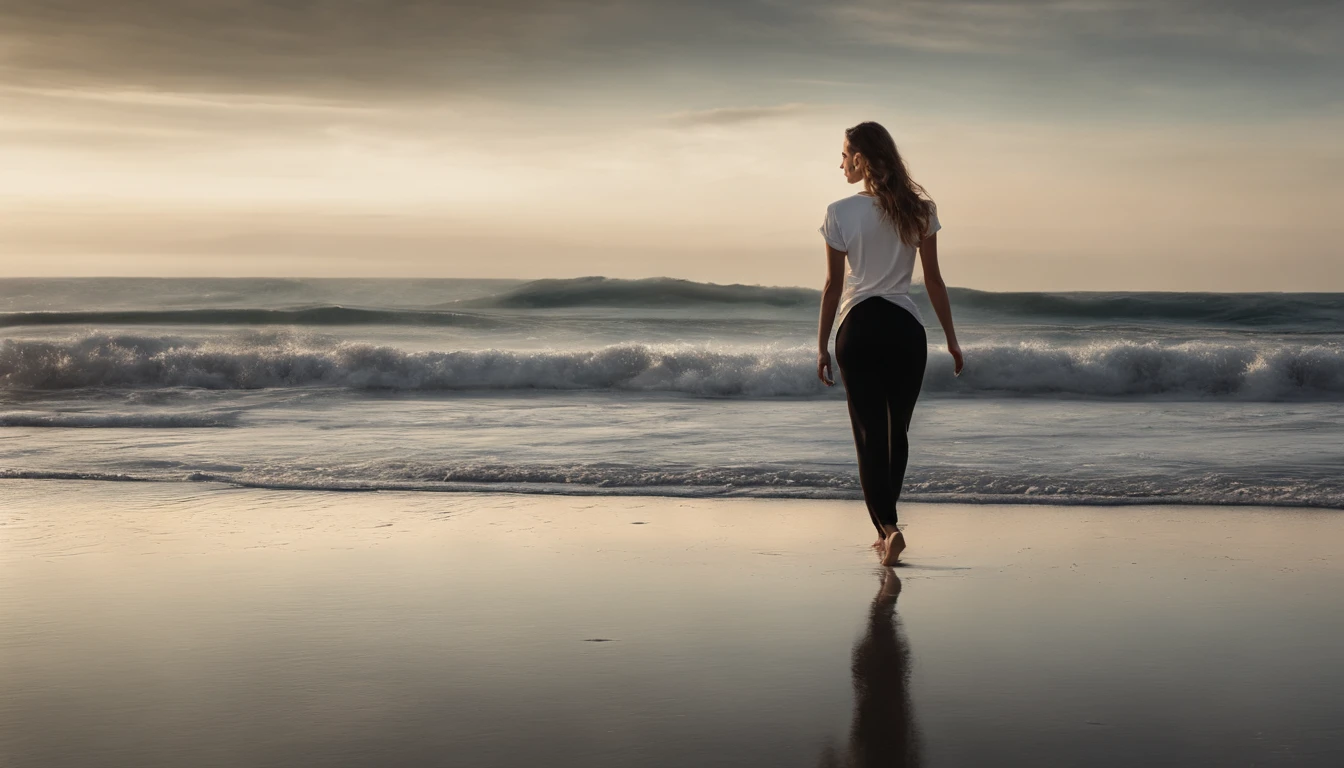 A imagem apresenta um fundo clean e sofisticado, em tons neutros como branco, cinza e preto, conveying a sense of elegance. No centro, There is a female model wearing a t-shirt with writing on it " TS Elegance"