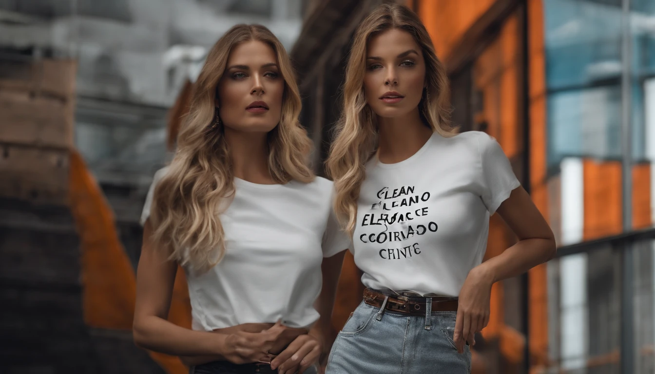 A imagem apresenta um fundo clean e sofisticado, em tons neutros como branco, cinza e preto, conveying a sense of elegance. No centro, There is a female model wearing a t-shirt with writing on it " TS Elegance"