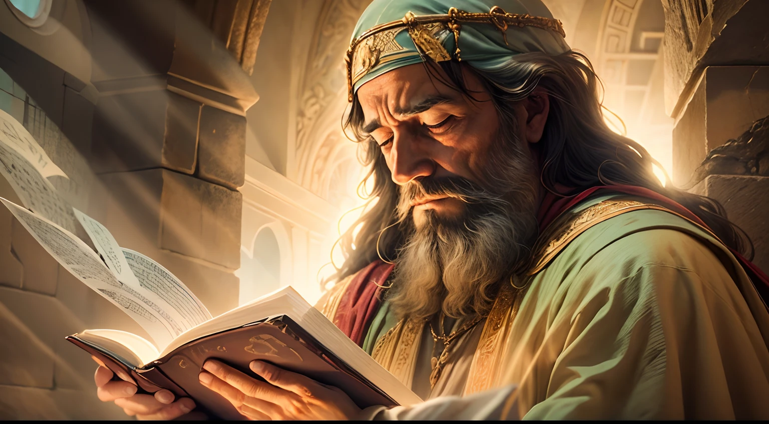 Close-up of Moses in prayer, velas, orando, Biblical context, Biblical paradise, Jesus, Ultra HD, realista, realista, Jesucristo mirando las Sagradas Escrituras, Paradisiacal landscapes, Jesus Praying Over an Ancient Sacred Bible Book