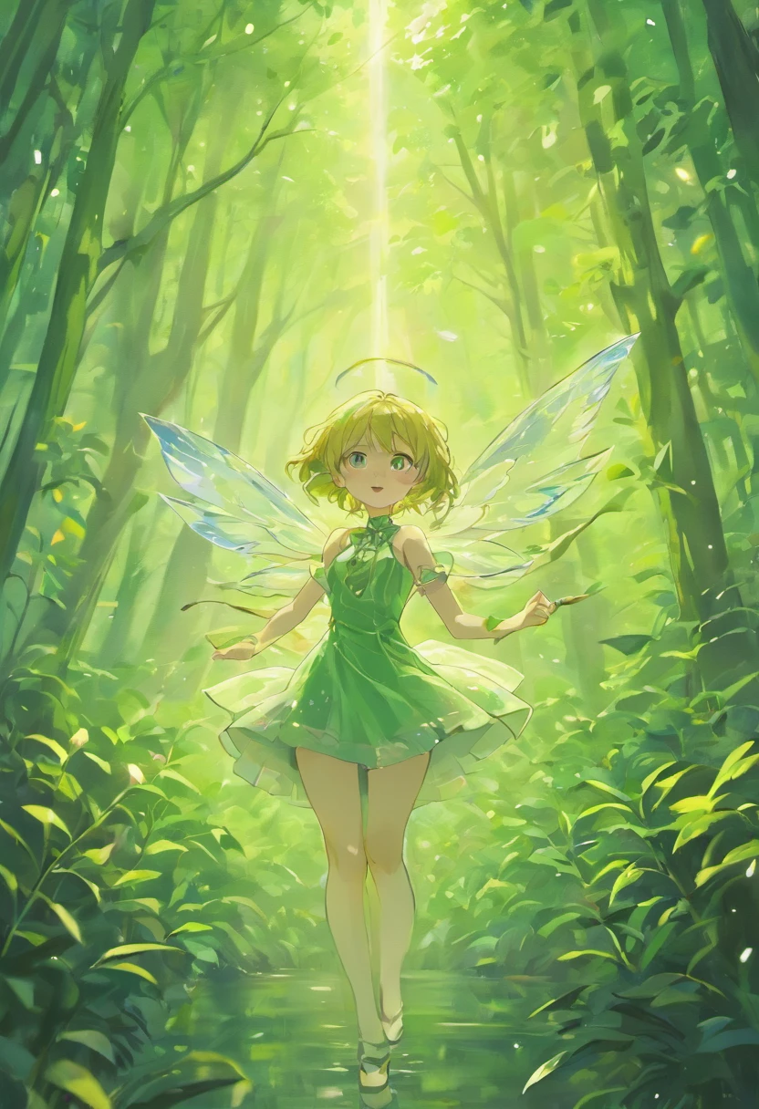 (Masterpiece, Best quality, Ultra-detailed, Best Illustration:1.4), 1 Little Fairy, The wings of the little fairy,(Airflow Maiden:1.1),(See-through:15)afloat,Green wind ,Silk fabric,(refractions,Reflection:1.2) , Transparent skin, sunshine day,ln the forest