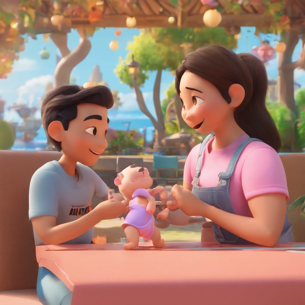 create a 3D movie poster inspired by Disney Pixar, The scene should be in Pixar's signature digital art style, with a young woman of Japanese descent holding a small baby on her lap and next to her husband. Mulher tem cabelos pretos e lisos, freckles on his cheeks and is wearing a gray t-shirt and black leggings. Baby is wearing pink onesie, tem cabelo escuro e curto. O marido tem cabelos escuros e arrepiados, barba e bigode pequenos, Is wearing a black tank top and gray shorts. they're in a park